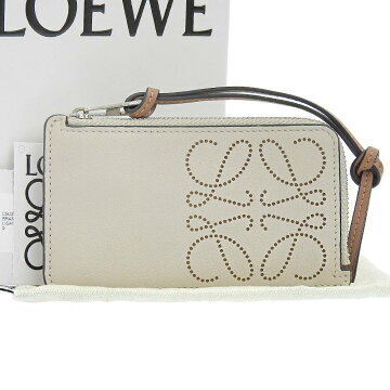 Cloth Bag Loewe Anagram Coin Wallet Card Holder Logo Beige Leather